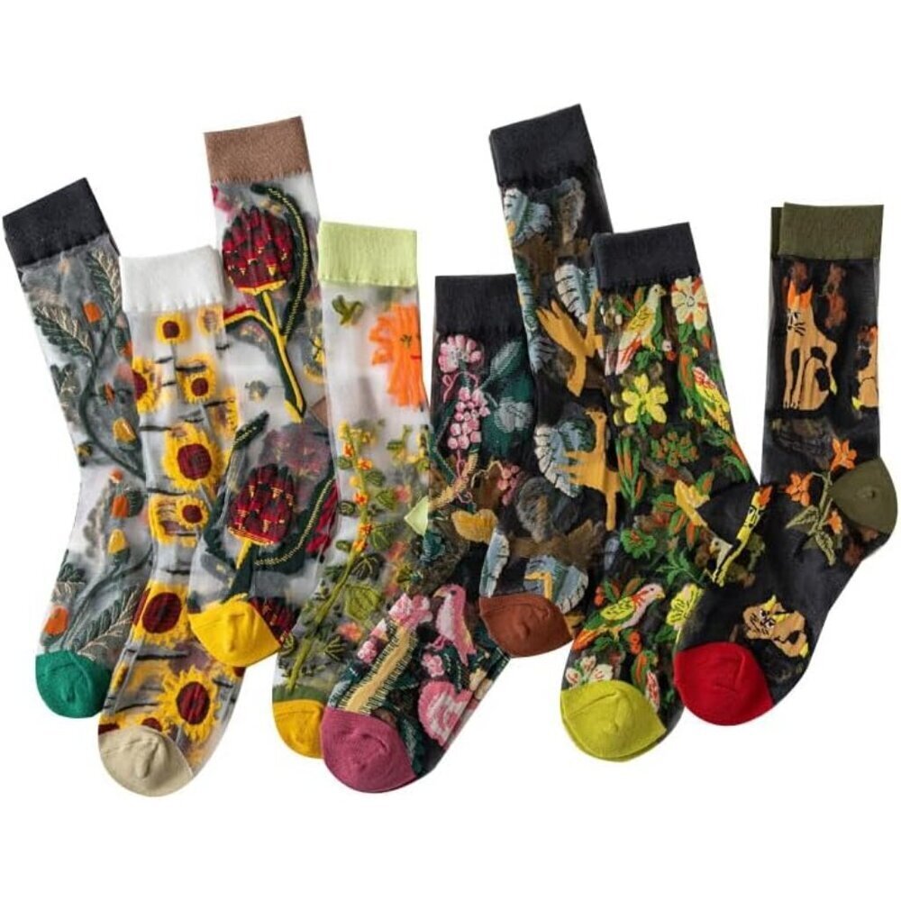 Women Floral Sheer Mesh Lace Socks 8 Pairs Summer Thin See Through Accessories